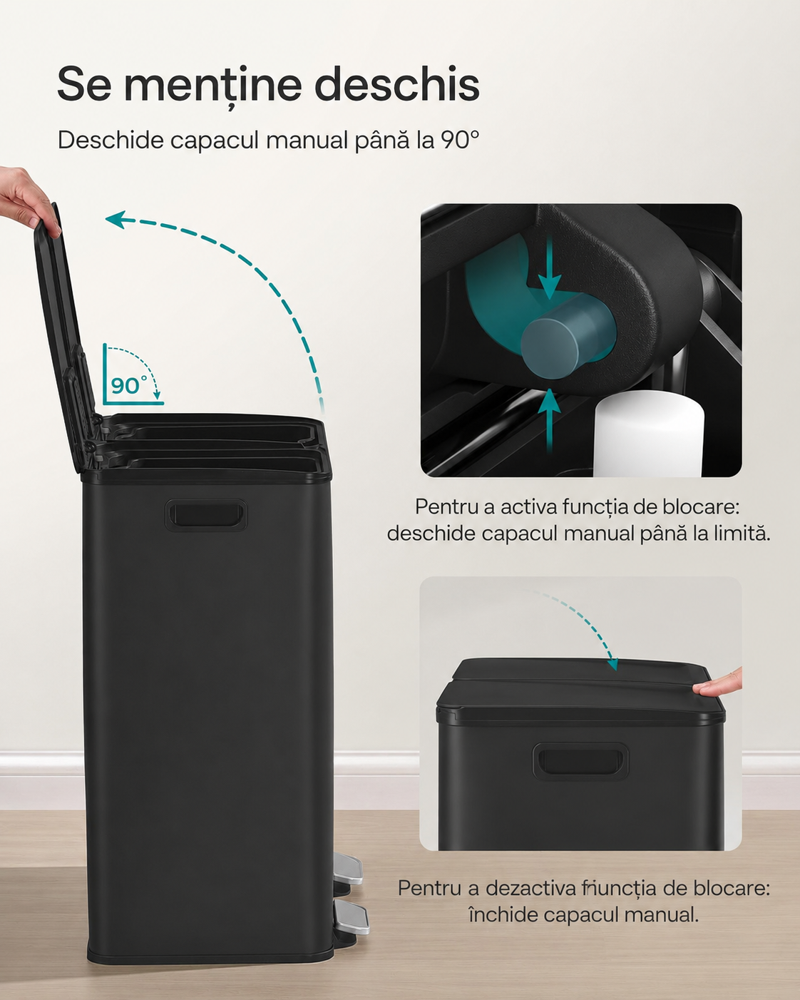 SONGMICS Cos de gunoi 2x30L, cu 2 compartimente, capac soft-close si galeti interioare, otel, negru