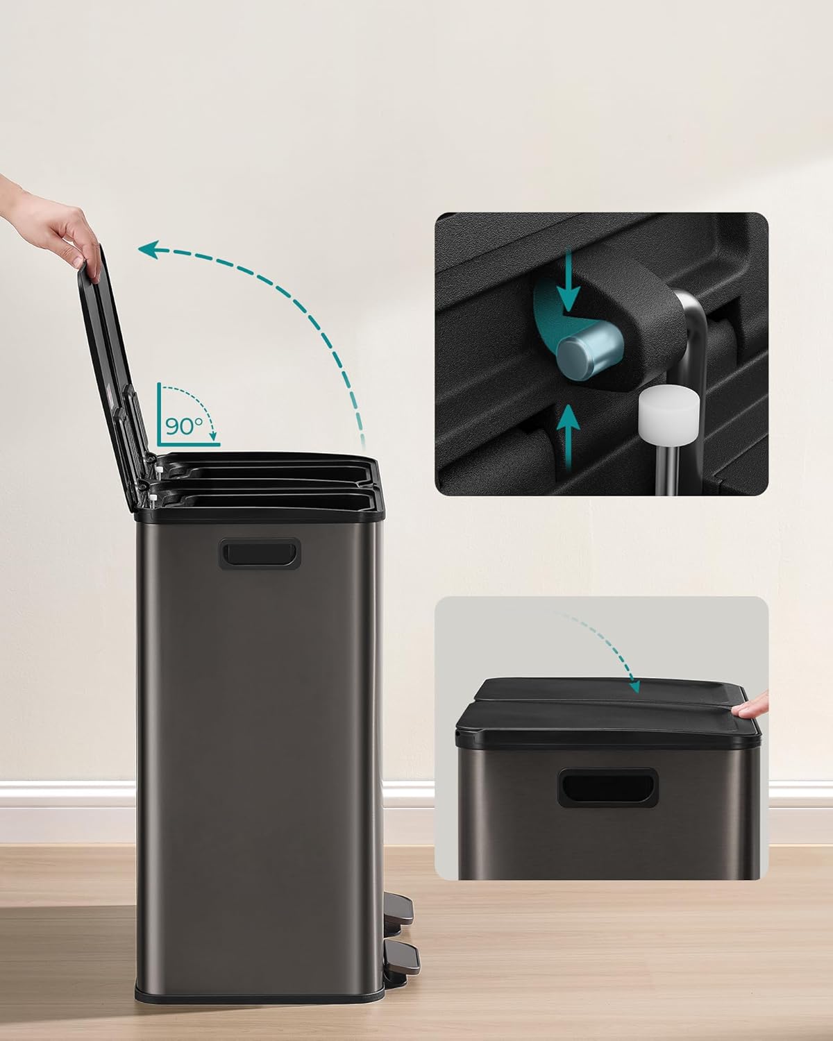 SONGMICS Cos de gunoi 2x30L, cu 2 compartimente, capac soft-close si galeti interioare, otel, gri antracit
