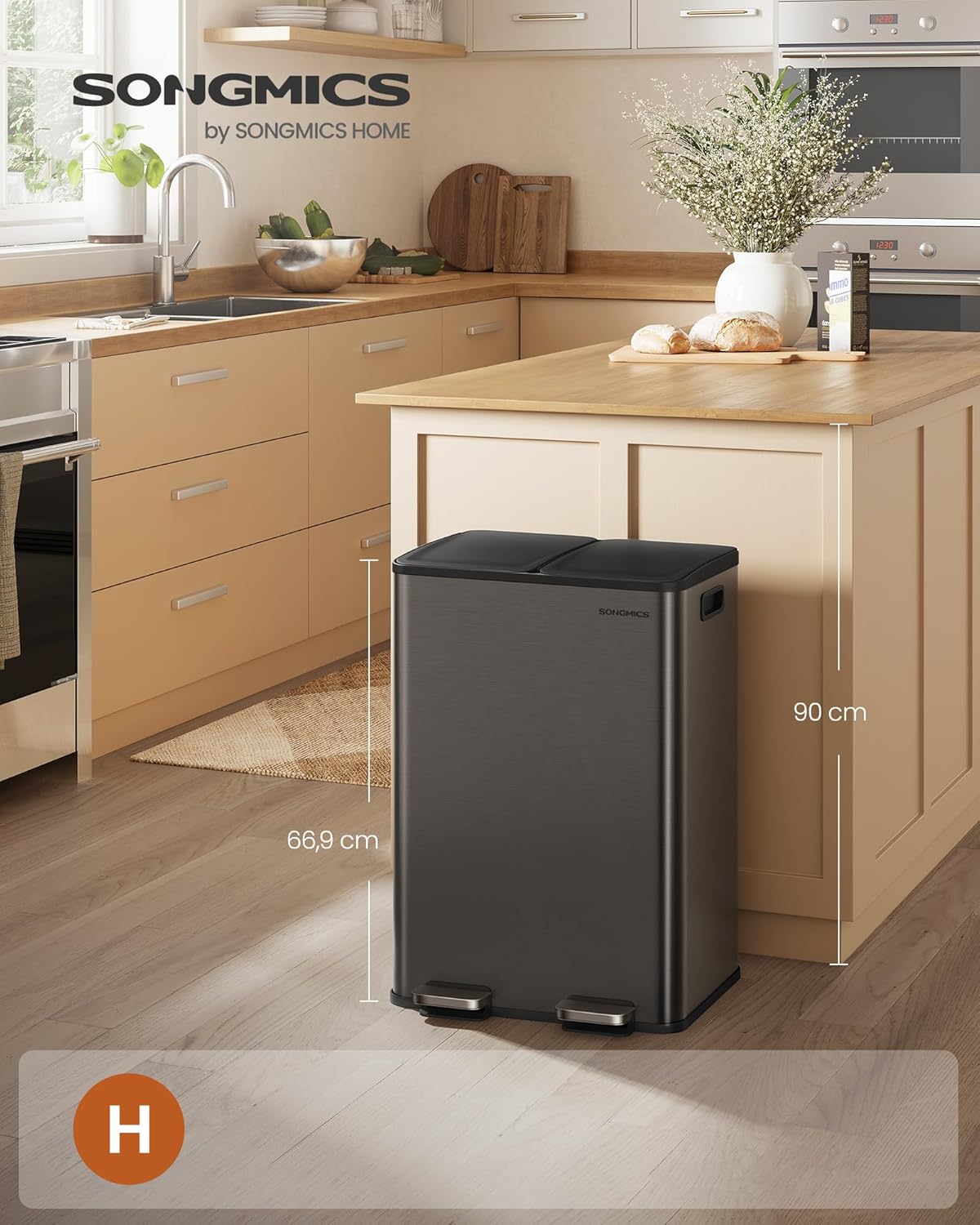 SONGMICS Cos de gunoi 2x30L, cu 2 compartimente, capac soft-close si galeti interioare, otel, gri antracit