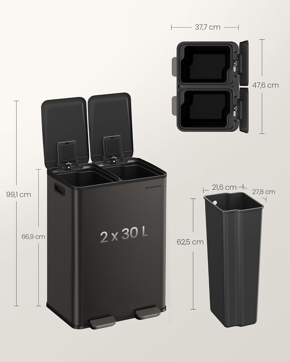 SONGMICS Cos de gunoi 2x30L, cu 2 compartimente, capac soft-close si galeti interioare, otel, gri antracit