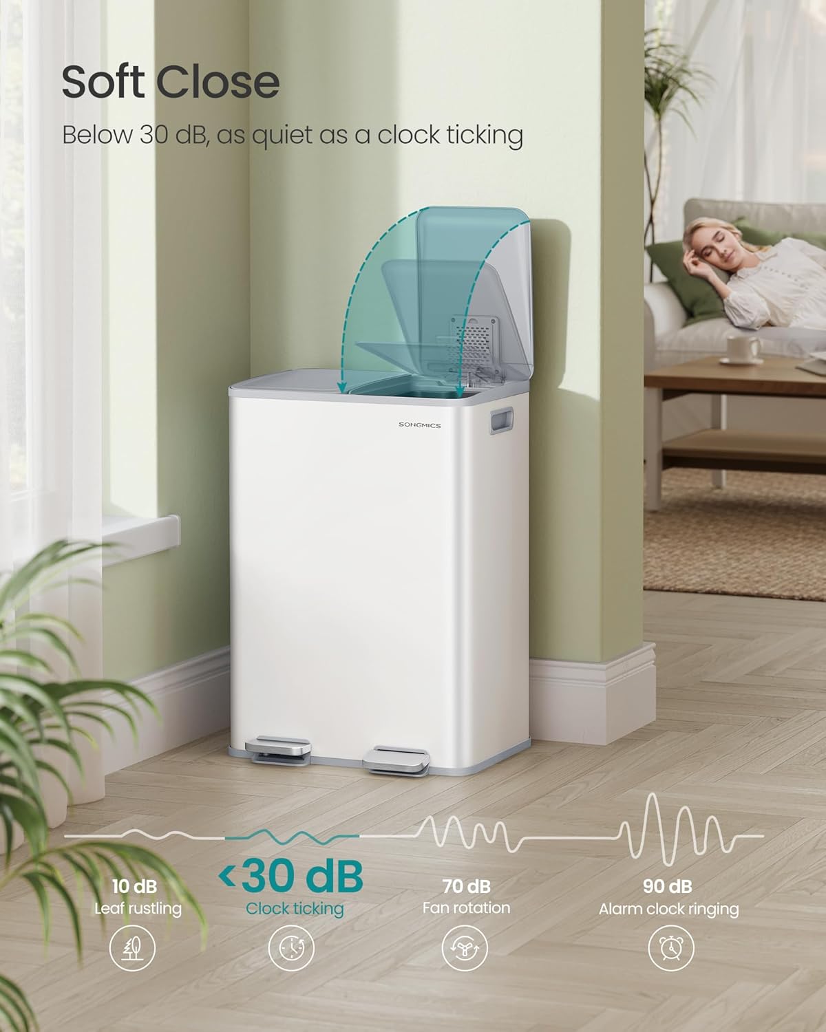 SONGMICS Cos de gunoi 2x30L, cu 2 compartimente, capac soft-close si galeti interioare, otel, alb mat