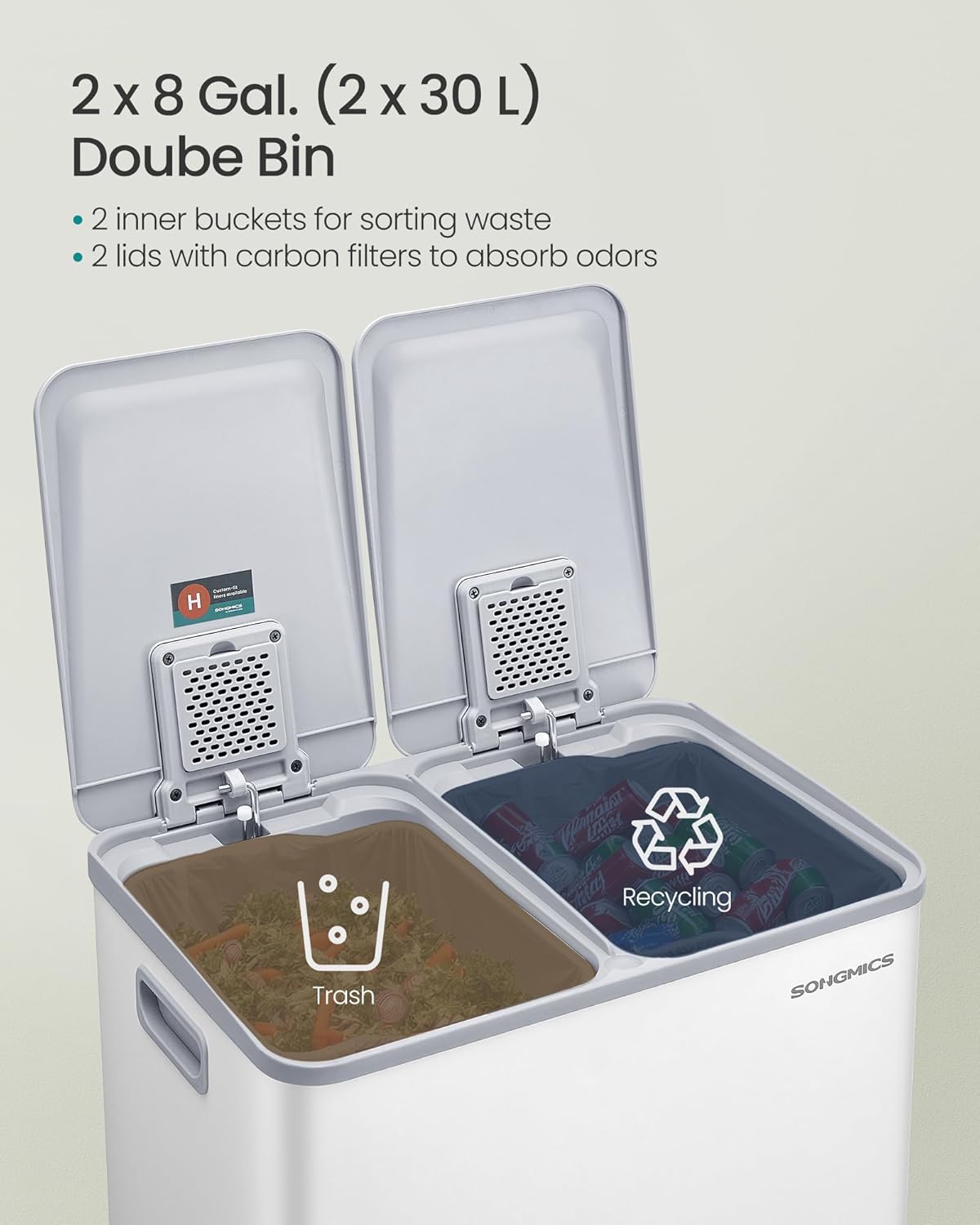 SONGMICS Cos de gunoi 2x30L, cu 2 compartimente, capac soft-close si galeti interioare, otel, alb mat