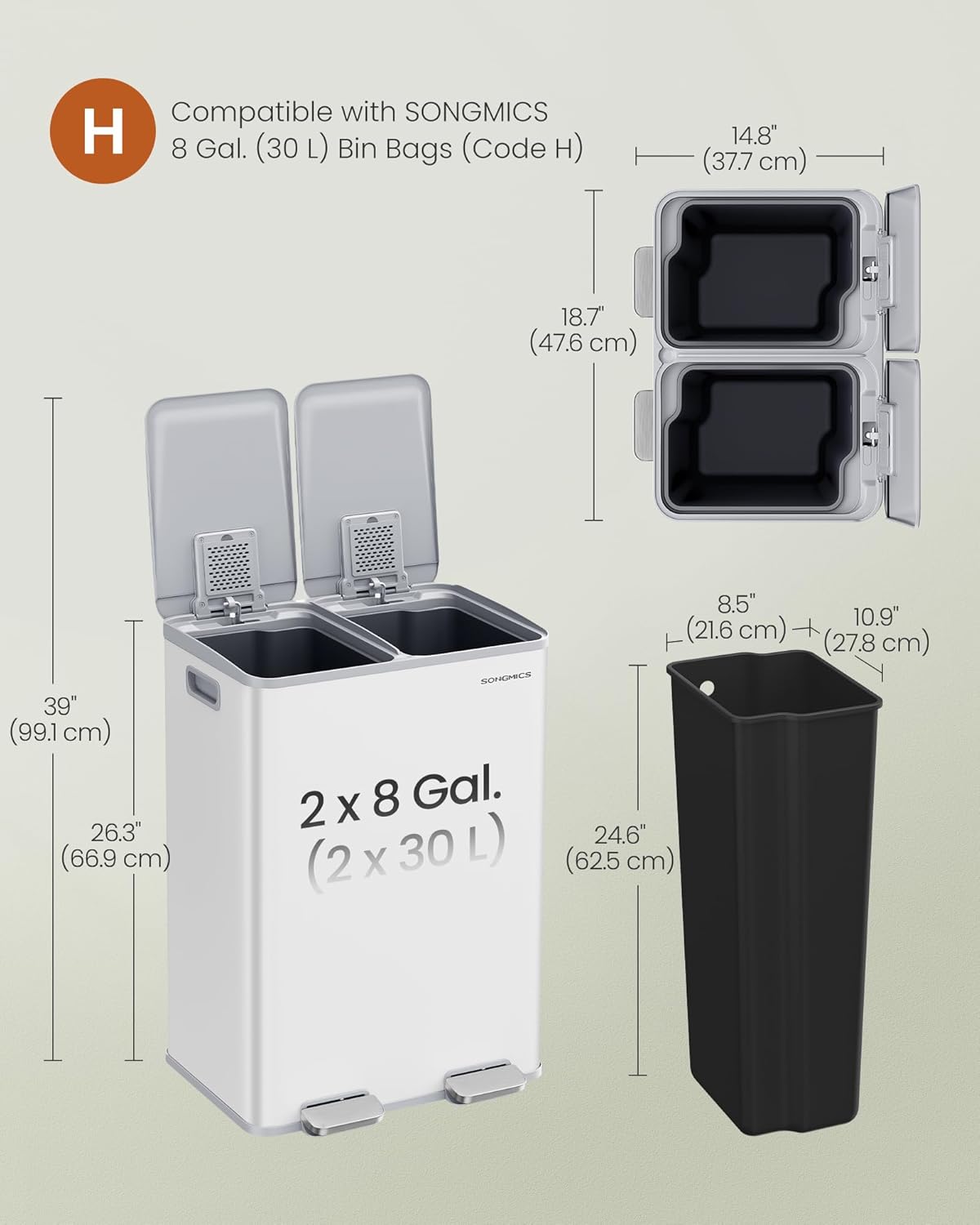 SONGMICS Cos de gunoi 2x30L, cu 2 compartimente, capac soft-close si galeti interioare, otel, alb mat