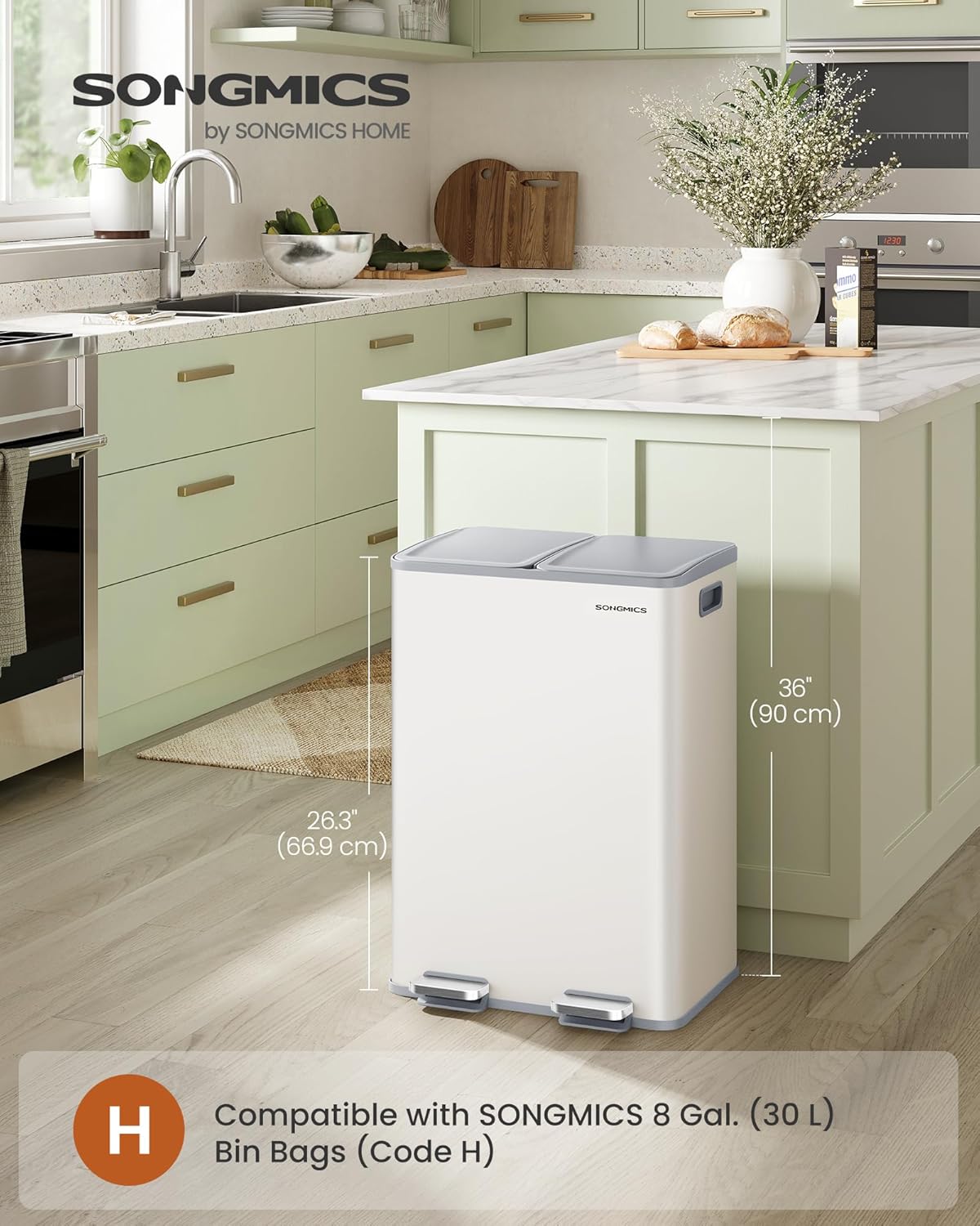 SONGMICS Cos de gunoi 2x30L, cu 2 compartimente, capac soft-close si galeti interioare, otel, alb mat