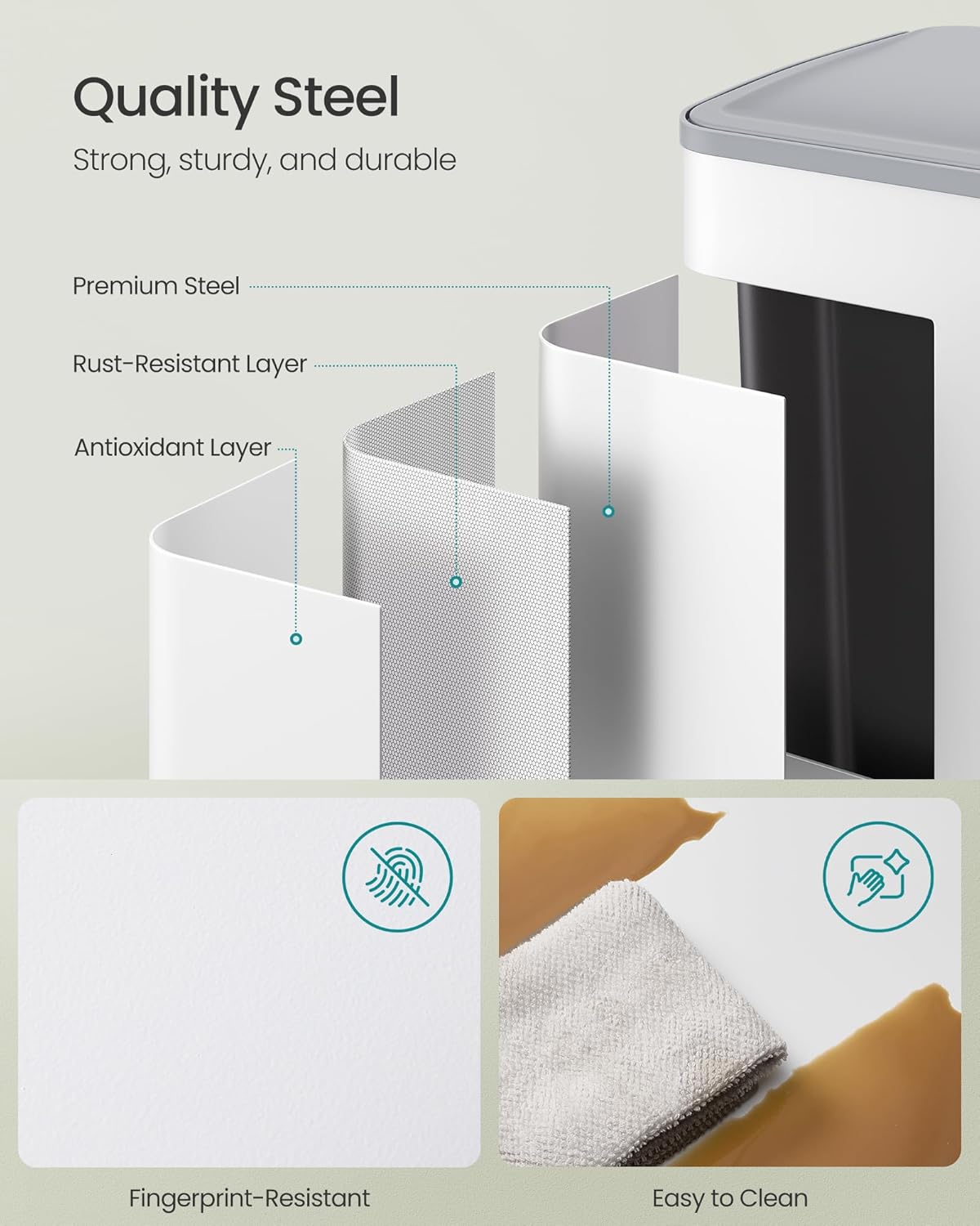 SONGMICS Cos de gunoi 2x30L, cu 2 compartimente, capac soft-close si galeti interioare, otel, alb mat