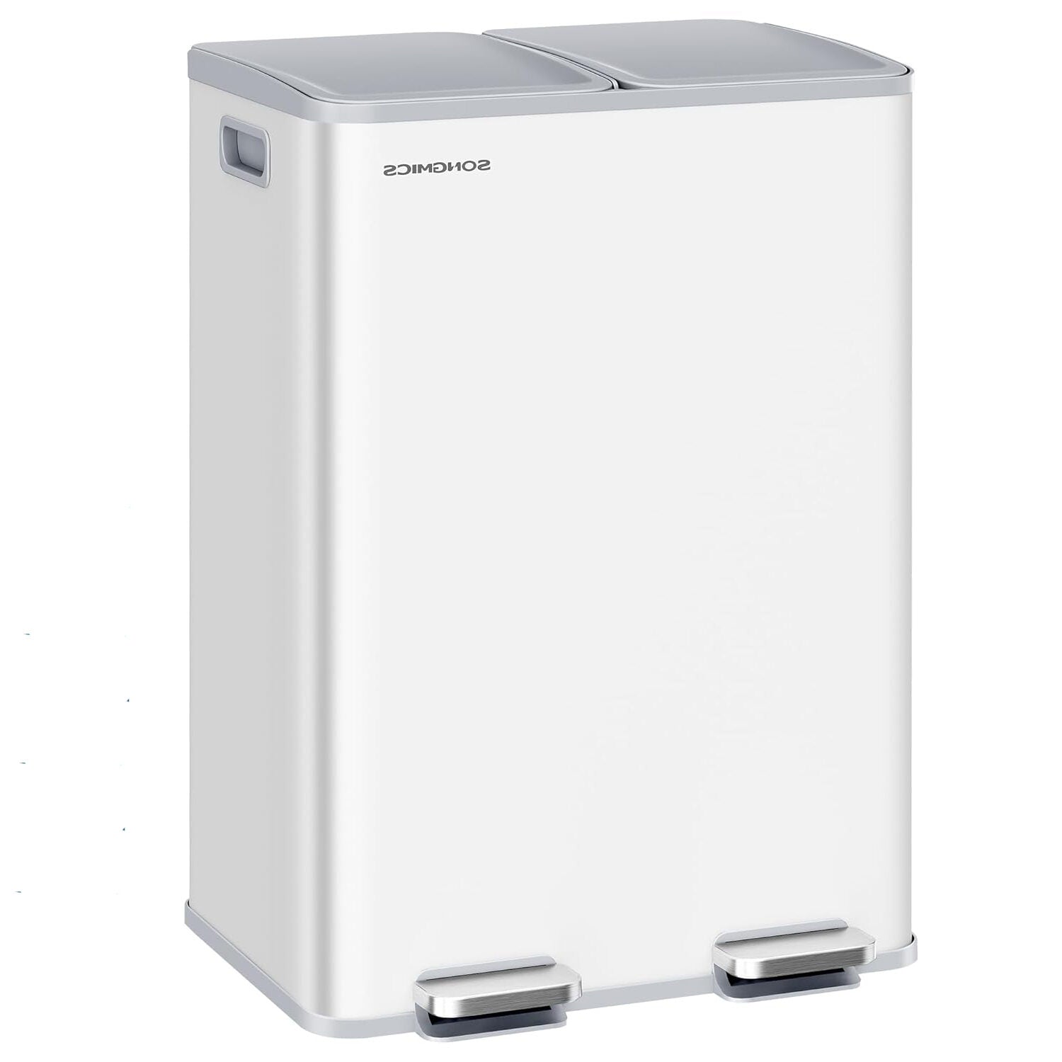 SONGMICS Cos de gunoi 2x30L, cu 2 compartimente, capac soft-close si galeti interioare, otel, alb mat