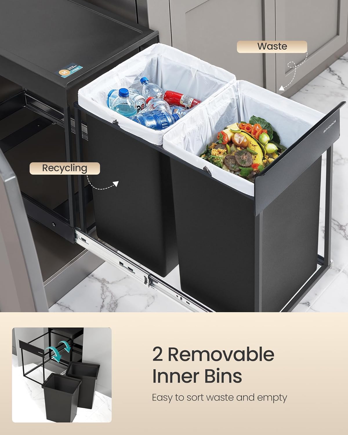 SONGMICS Cos de gunoi incorporabil pentru dulap bucatarie, 2 x 20 L, sistem pull-out, cadru metalic si capac ABS, 49x32x44 cm, negru