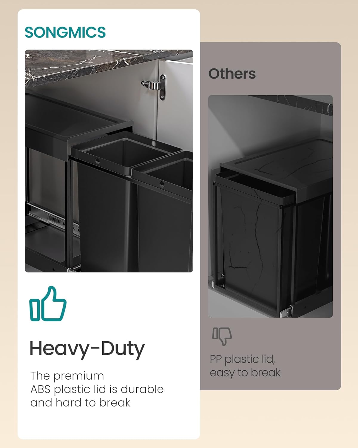 SONGMICS Cos de gunoi incorporabil pentru dulap bucatarie, 2 x 20 L, sistem pull-out, cadru metalic si capac ABS, 49x32x44 cm, negru