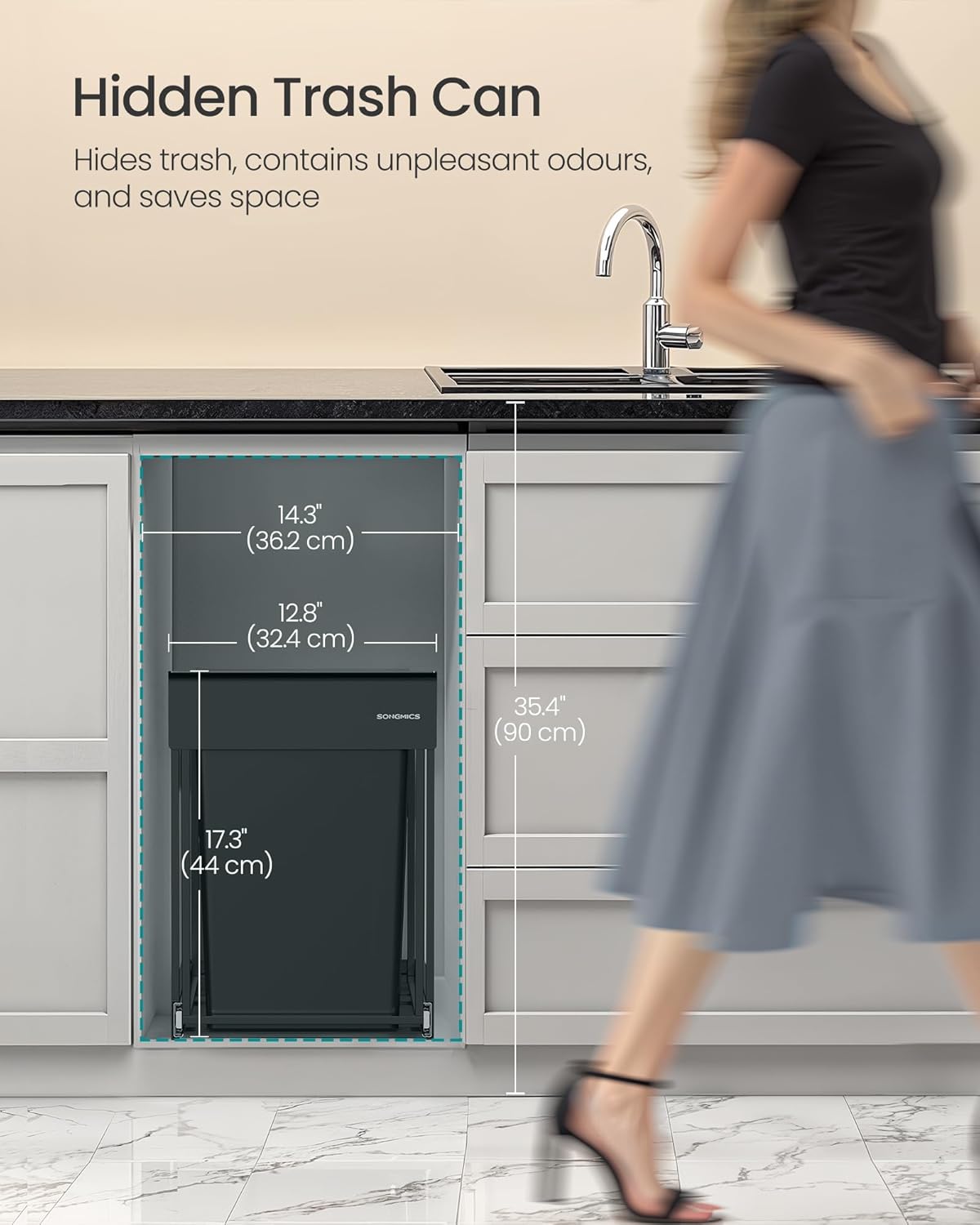SONGMICS Cos de gunoi incorporabil pentru dulap bucatarie, 2 x 20 L, sistem pull-out, cadru metalic si capac ABS, 49x32x44 cm, negru