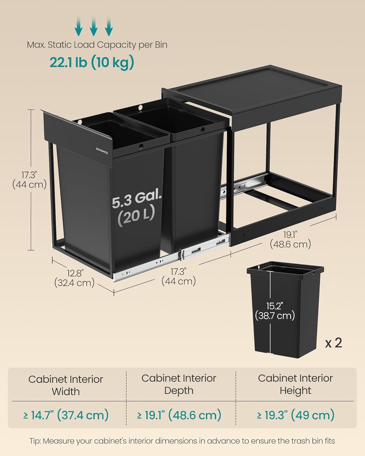 SONGMICS Cos de gunoi incorporabil pentru dulap bucatarie, 2 x 20 L, sistem pull-out, cadru metalic si capac ABS, 49x32x44 cm, negru