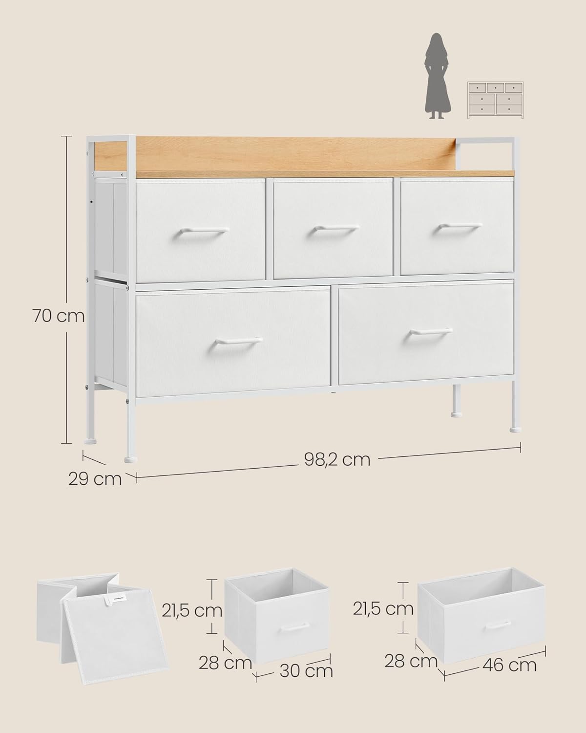 SONGMICS Comoda cu 5 sertare textile, cadru metalic si blat din PAL, design industrial, 98x29x70 cm, alb si stejar