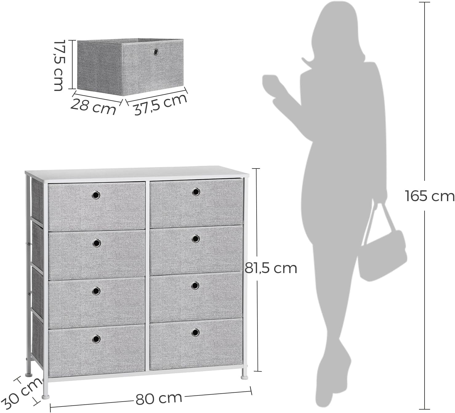 SONGMICS Comoda cu 8 sertare din material textil, cadru metalic si blat MDF, 80x30x81 cm, gri si alb