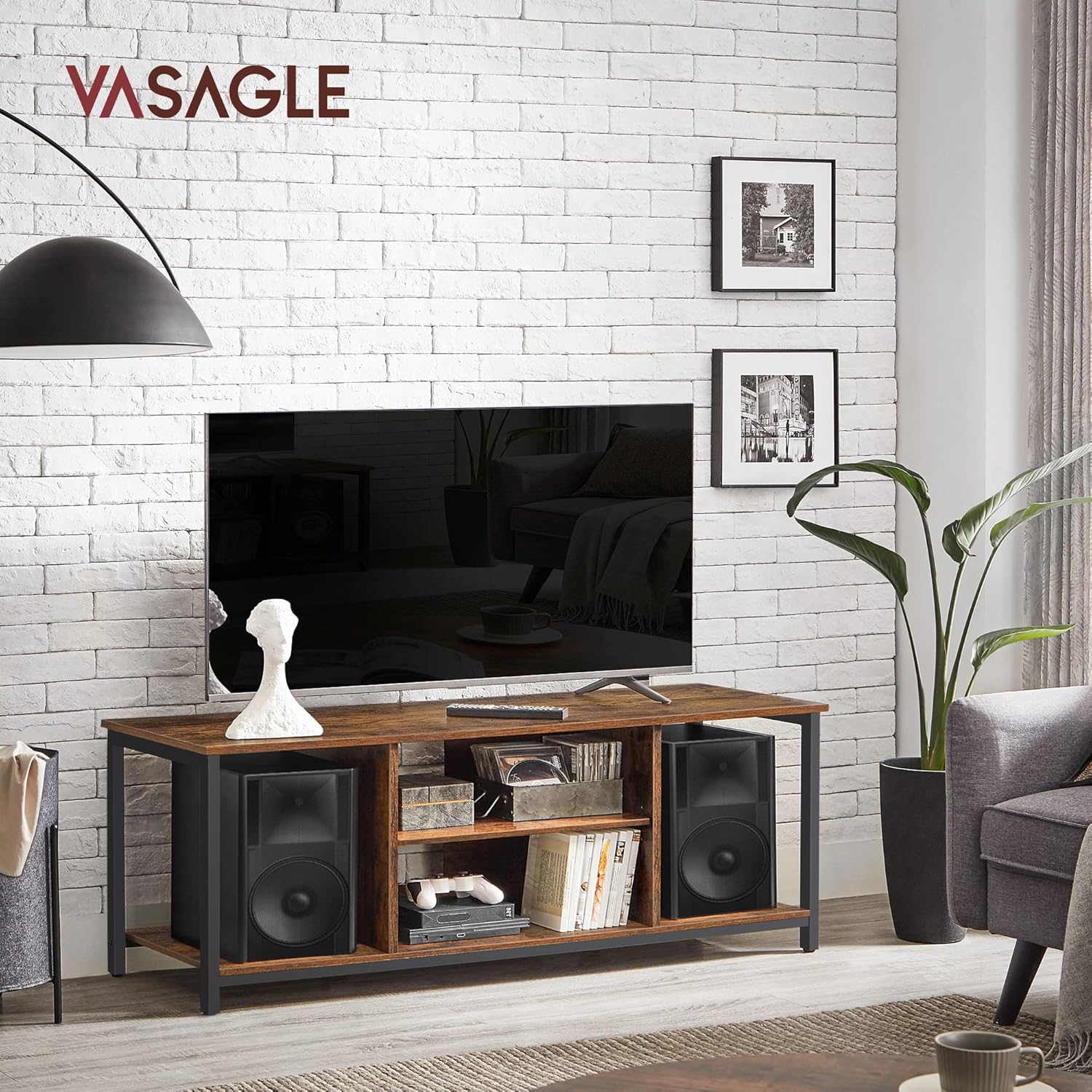 VASAGLE Comoda TV pentru televizor pana la 60 inch, stil industrial, 120x40x50 cm, maro rustic