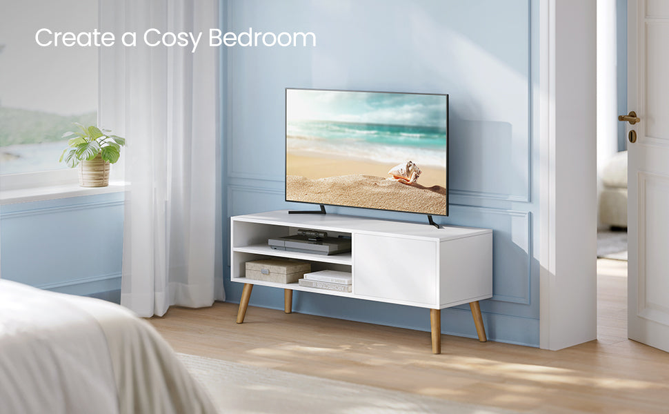 VASAGLE Comoda pentru TV de pana la 120 cm, 2 rafturi si dulap push-open, PAL si lemn, 120x40x49 cm, alb