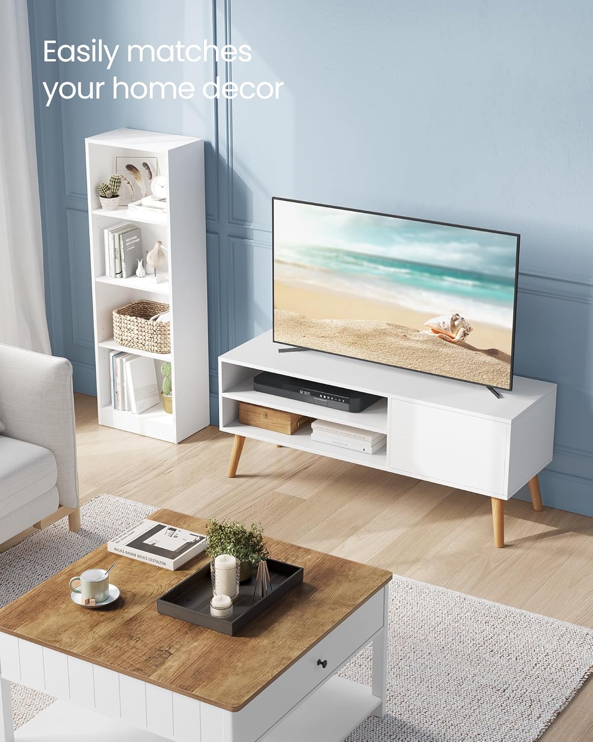 VASAGLE Comoda pentru TV de pana la 120 cm, 2 rafturi si dulap push-open, PAL si lemn, 120x40x49 cm, alb