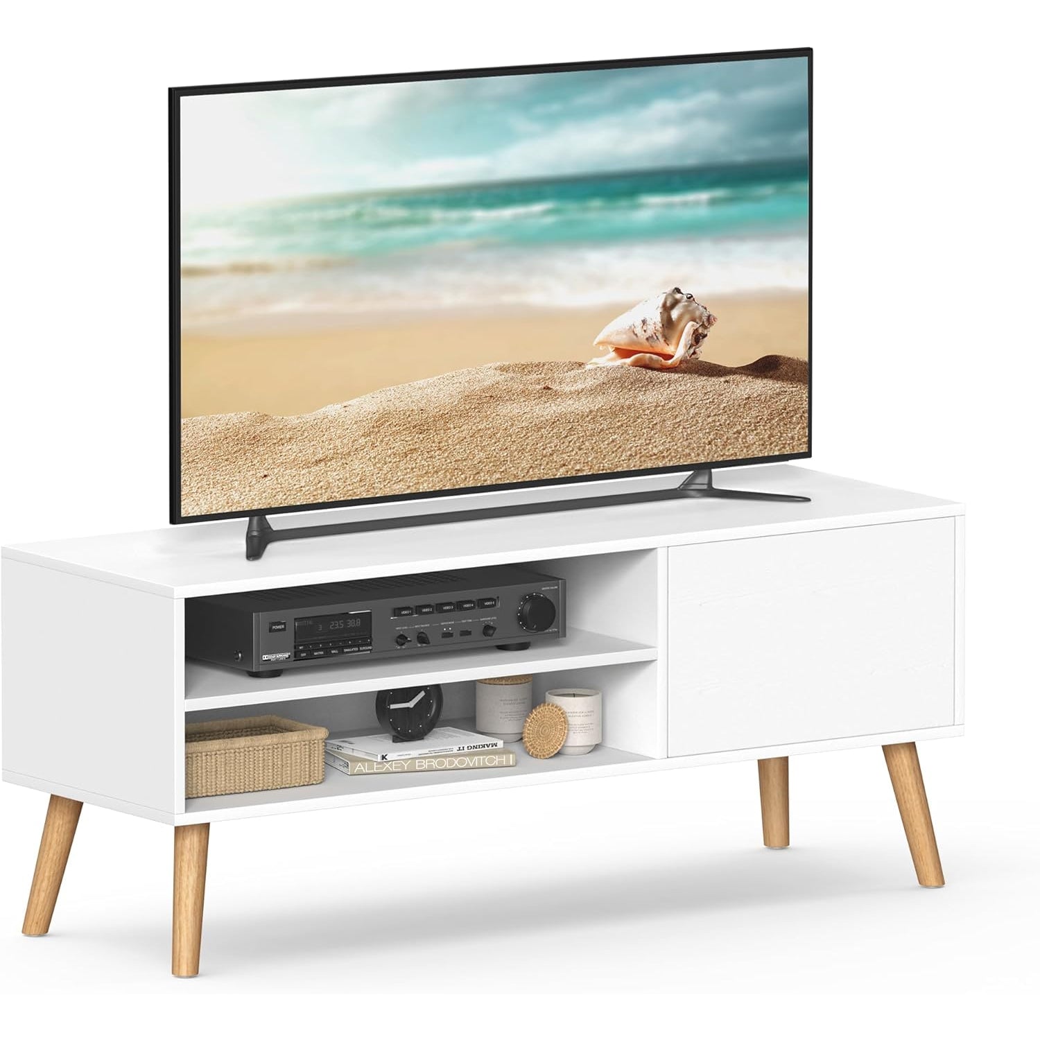 VASAGLE Comoda pentru TV de pana la 120 cm, 2 rafturi si dulap push-open, PAL si lemn, 120x40x49 cm, alb
