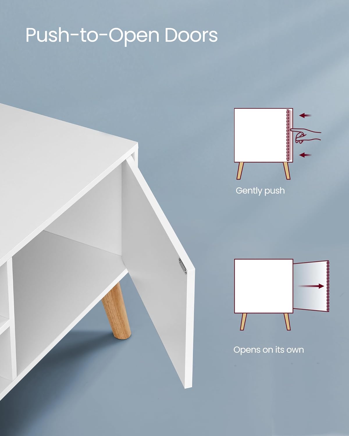 VASAGLE Comoda pentru TV de pana la 120 cm, 2 rafturi si dulap push-open, PAL si lemn, 120x40x49 cm, alb