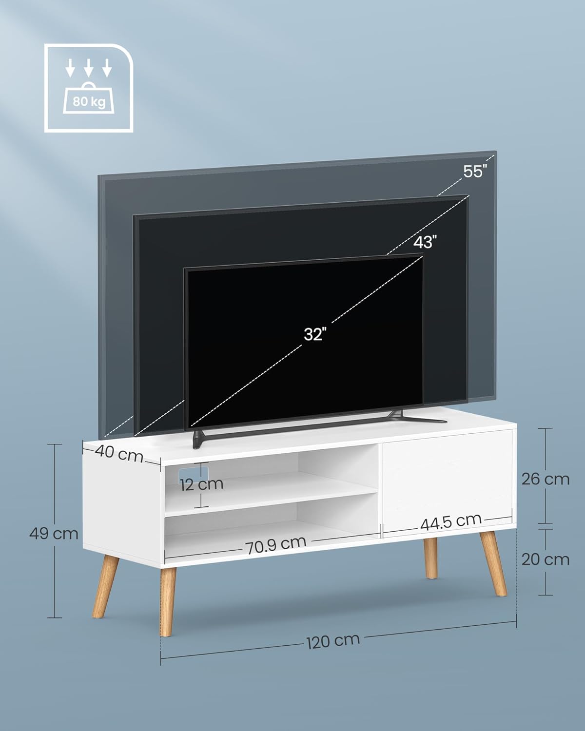 VASAGLE Comoda pentru TV de pana la 120 cm, 2 rafturi si dulap push-open, PAL si lemn, 120x40x49 cm, alb