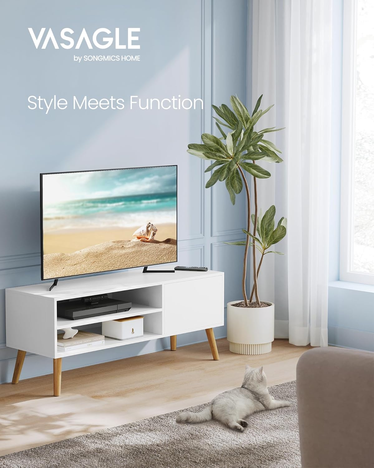 VASAGLE Comoda pentru TV de pana la 120 cm, 2 rafturi si dulap push-open, PAL si lemn, 120x40x49 cm, alb