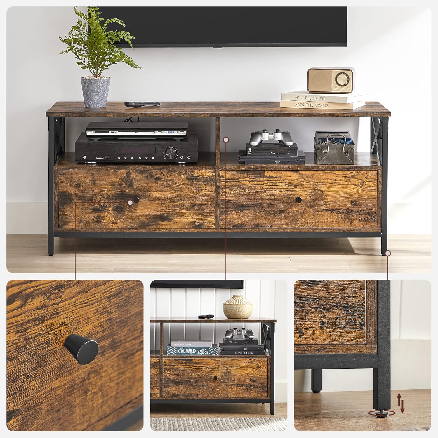 VASAGLE Comoda TV cu 2 sertare si 2 rafturi, cadru metalic, stil industrial, 120x40x50 cm, maro rustic