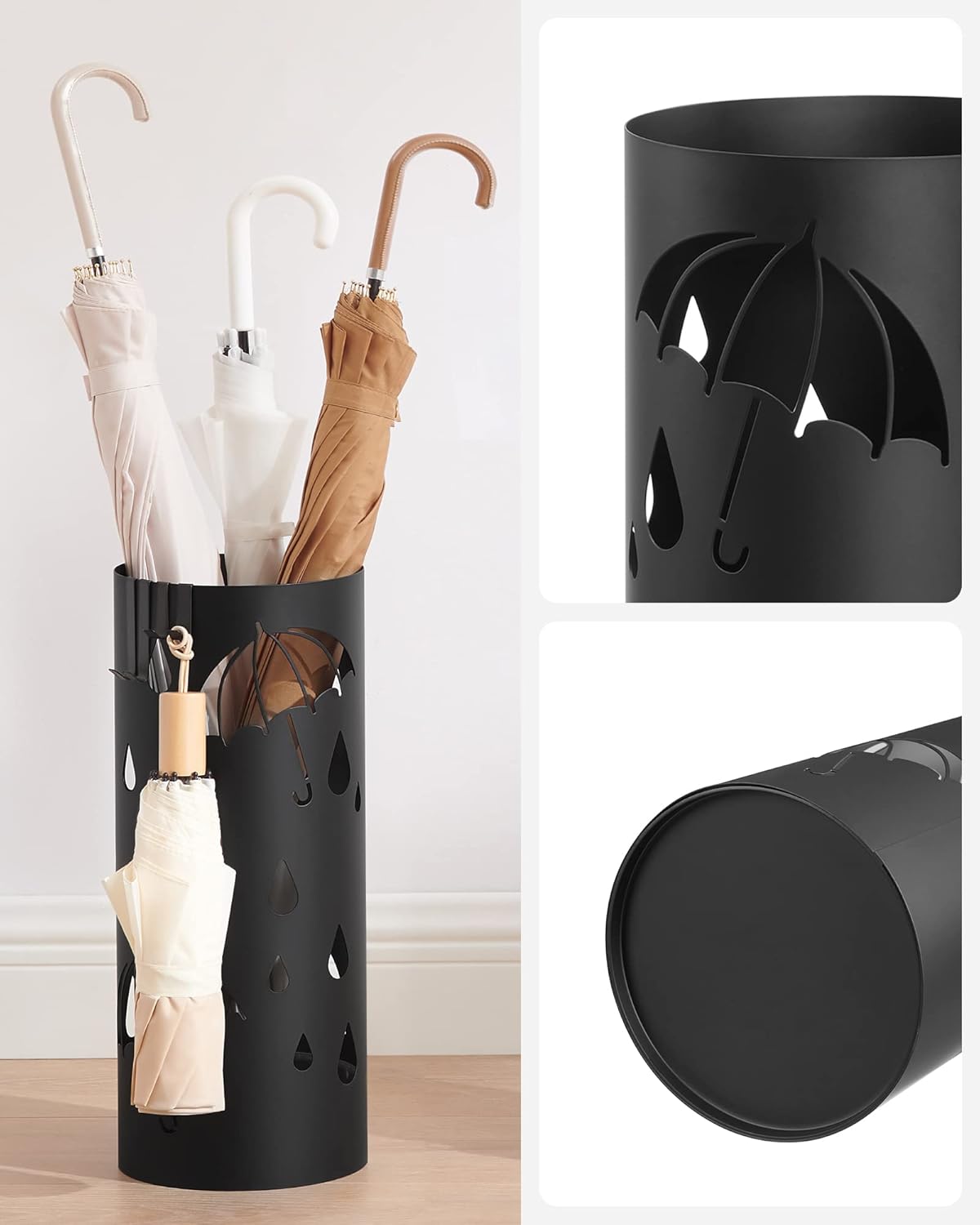 SONGMICS Suport metalic pentru umbrele, cu carlige si tava de picurare, 17x17x41cm, negru