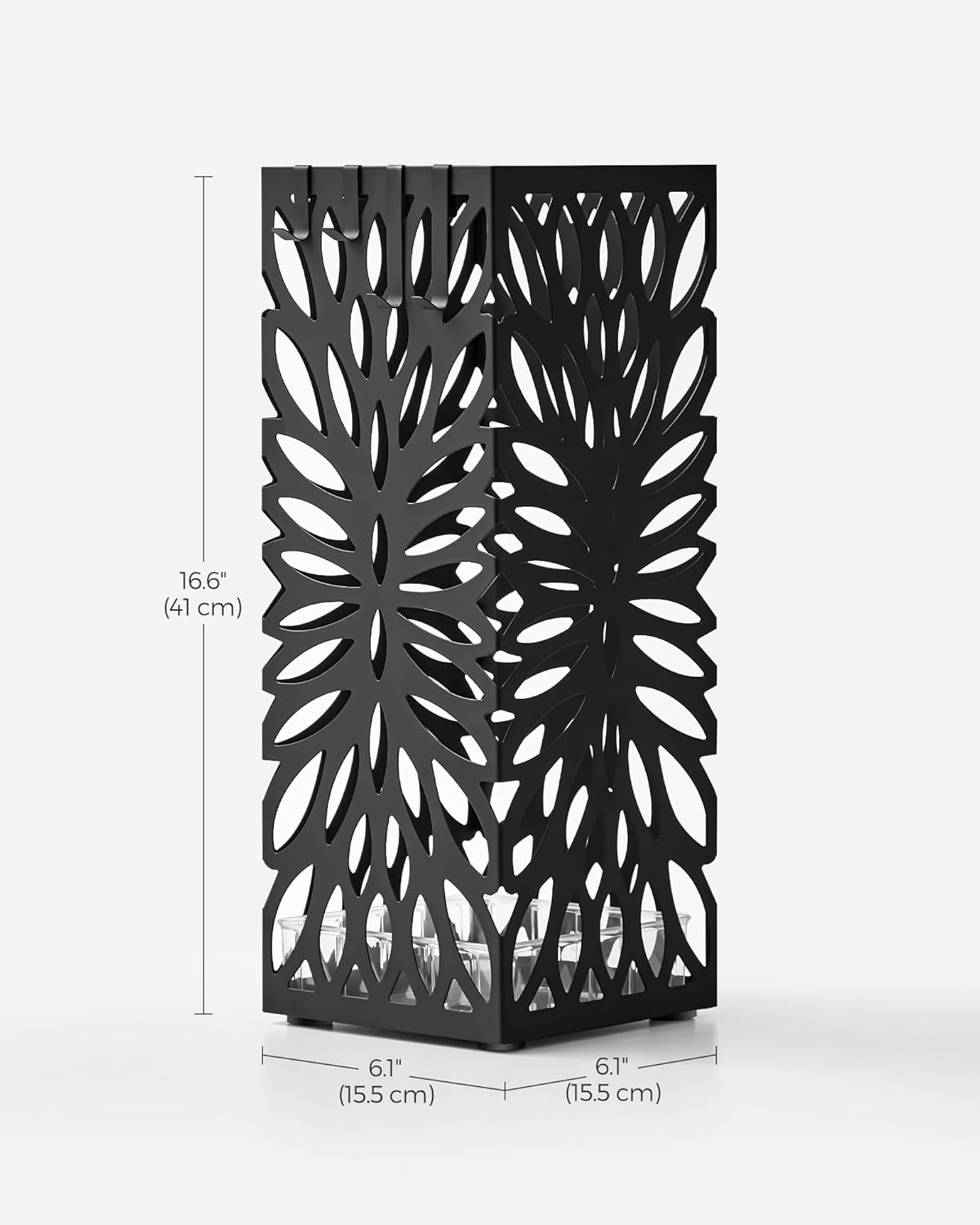 SONGMICS Suport pentru umbrele, metalic, cu recipient apa si carlige, 16x16x41 cm, negru