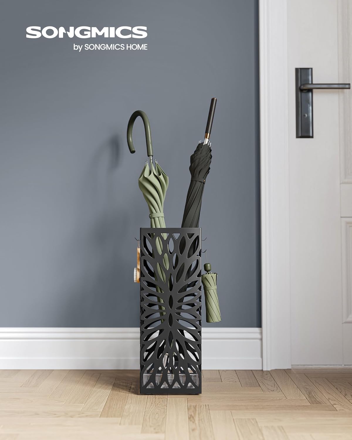 SONGMICS Suport pentru umbrele, metalic, cu recipient apa si carlige, 16x16x41 cm, negru