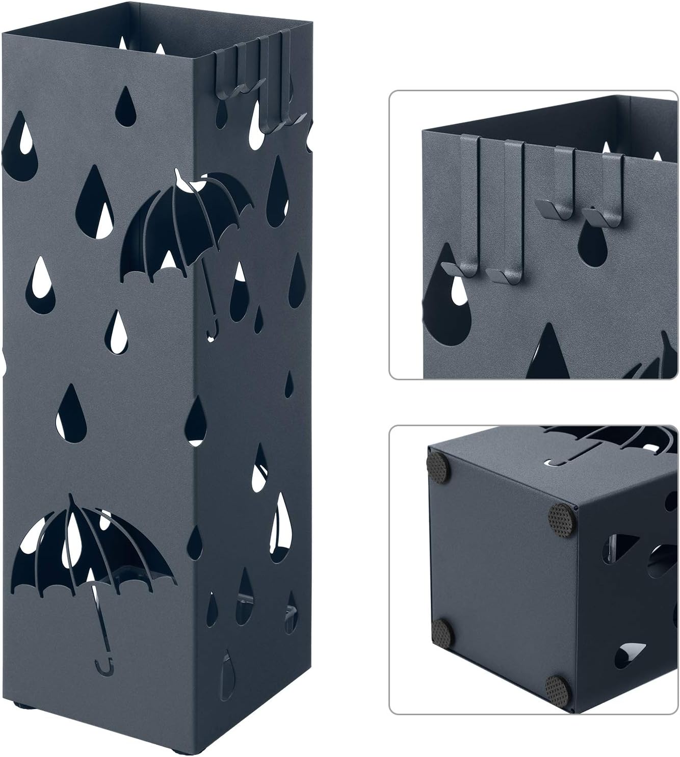 SONGMICS Suport metalic pentru umbrele, cu carlige si tava de picurare, 16x16x49cm, gri