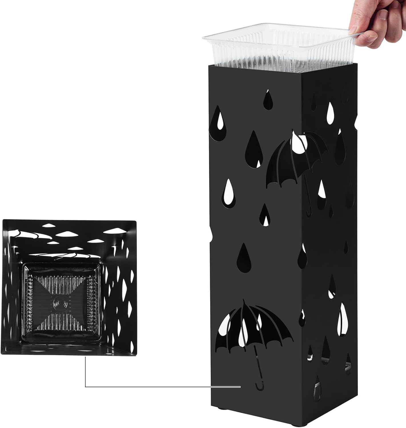 SONGMICS Suport metalic pentru umbrele, cu carlige si tava de picurare, 16x16x49cm, negru