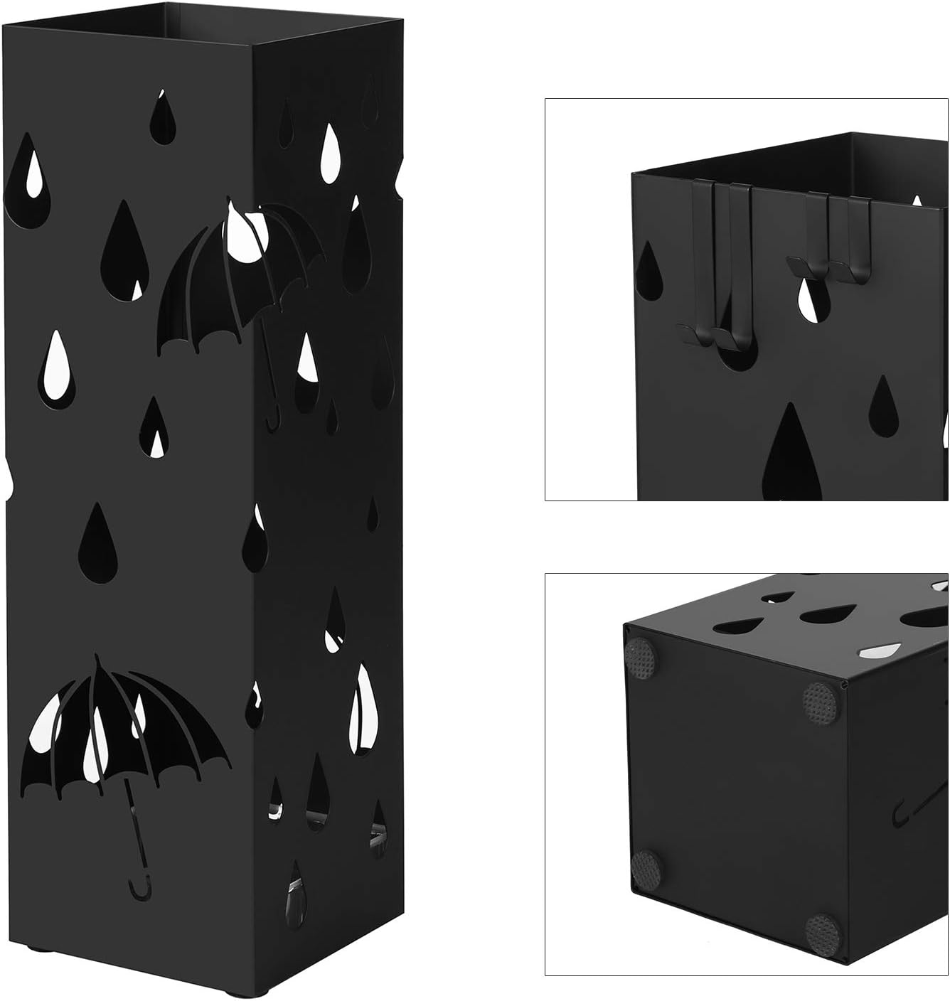 SONGMICS Suport metalic pentru umbrele, cu carlige si tava de picurare, 16x16x49cm, negru