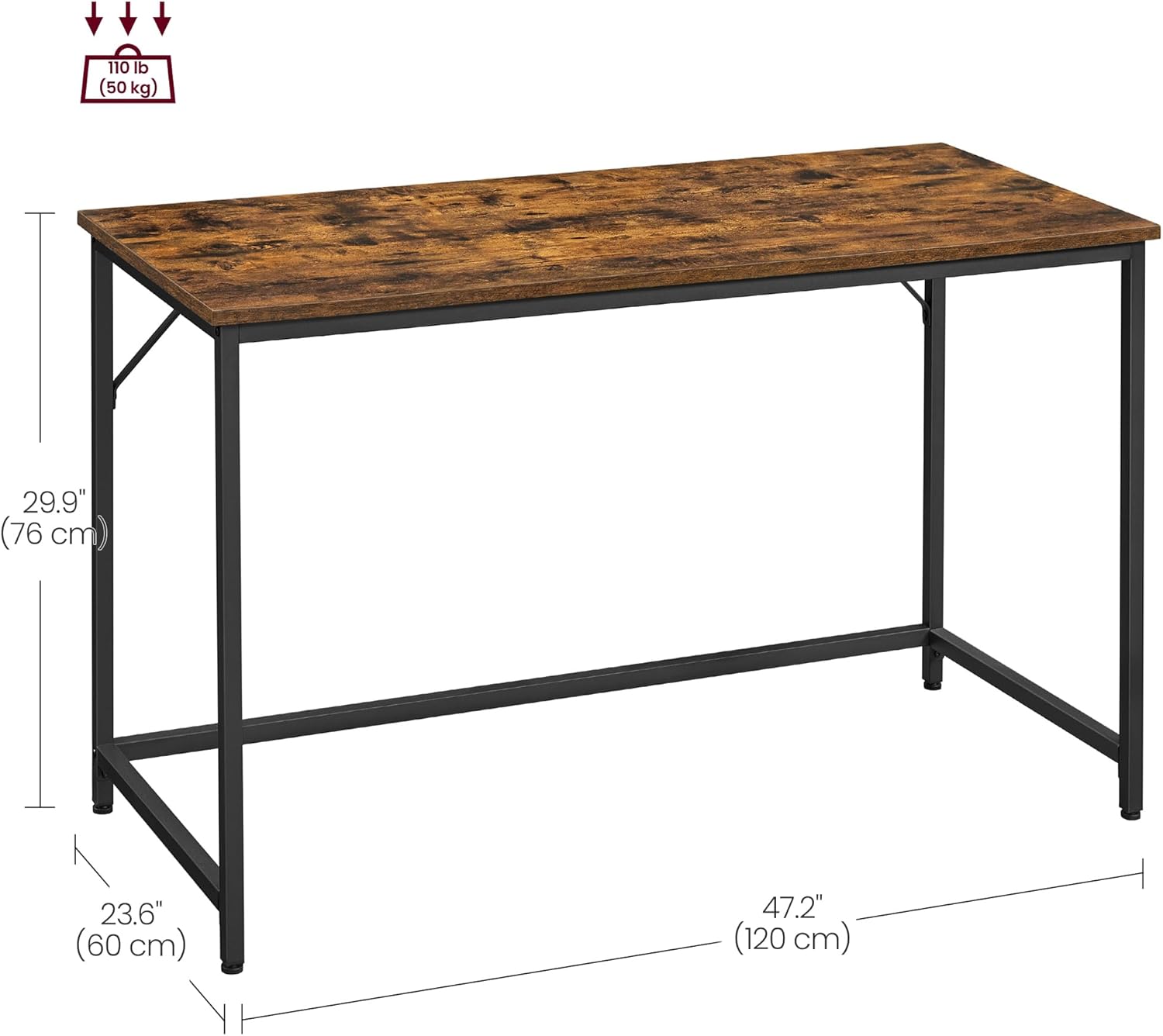 VASAGLE Birou calculator cu blat din PAL, cadru metalic, stil industrial, 120x60x75 cm, maro rustic