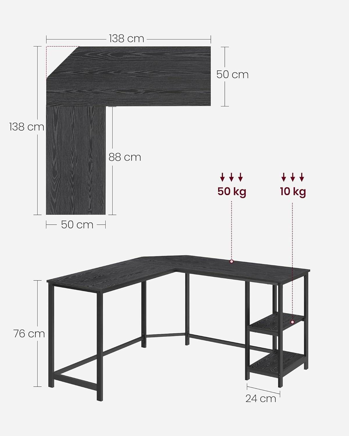 VASAGLE Birou de colt in forma L, cadru metalic, stil industrial, 138x138x76 cm, negru cu aspect lemnos