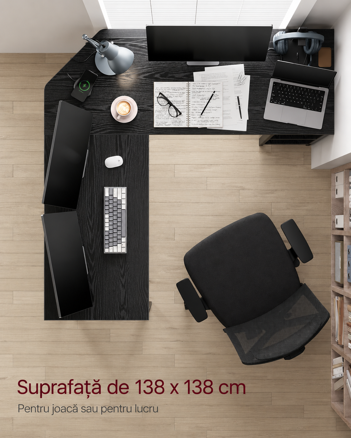 VASAGLE Birou de colt in forma L, cadru metalic, stil industrial, 138x138x76 cm, negru cu aspect lemnos