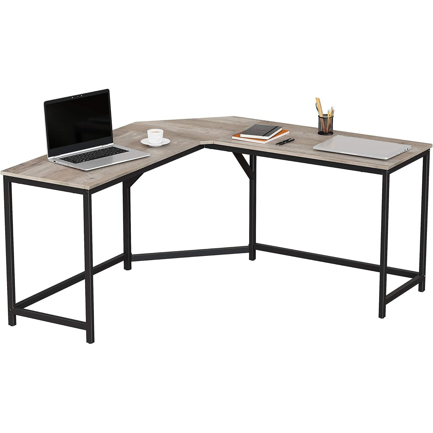 VASAGLE Birou de colt in forma L, cadru metalic, stil industrial, 149x149x76 cm, gri stejar