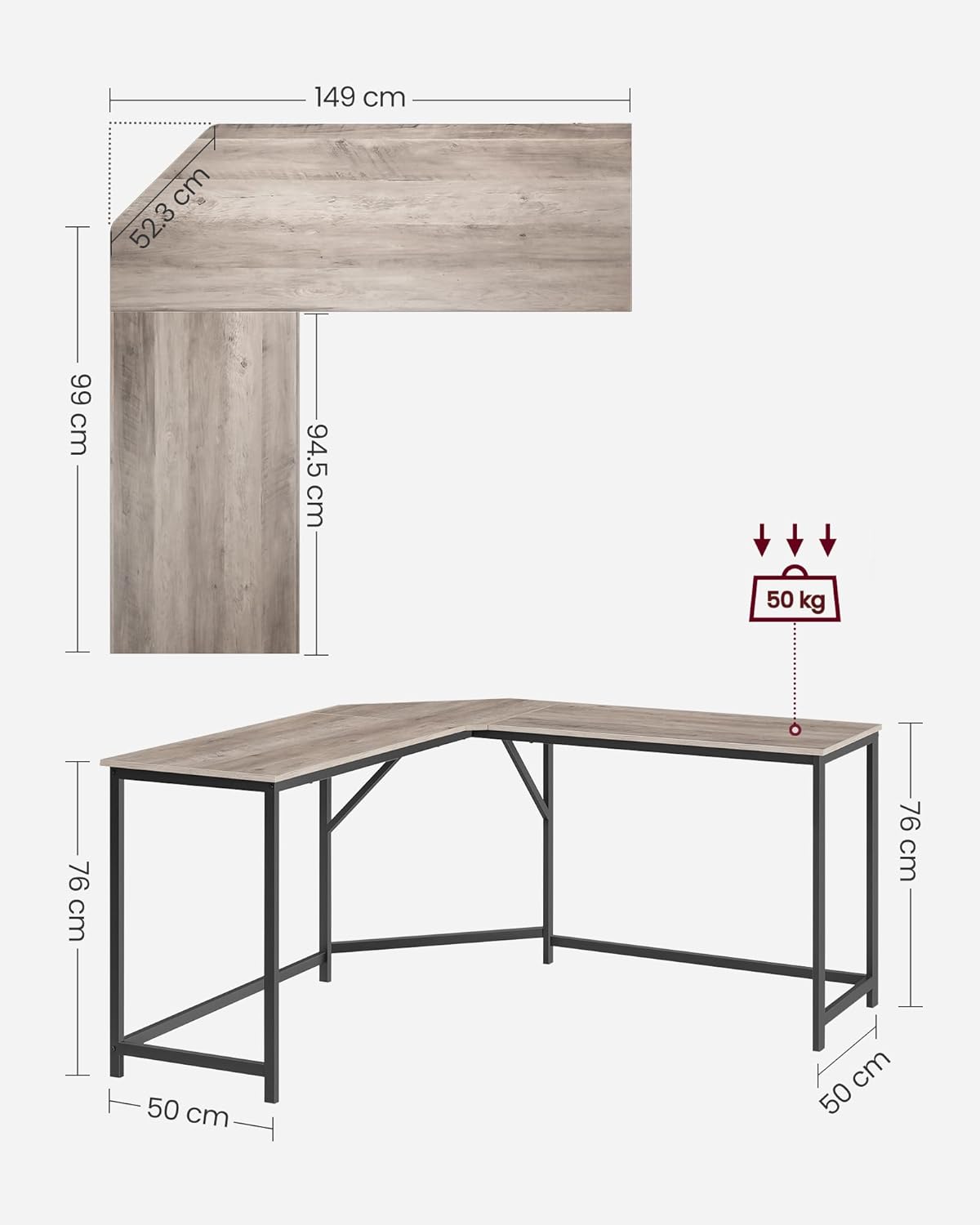 VASAGLE Birou de colt in forma L, cadru metalic, stil industrial, 149x149x76 cm, gri stejar