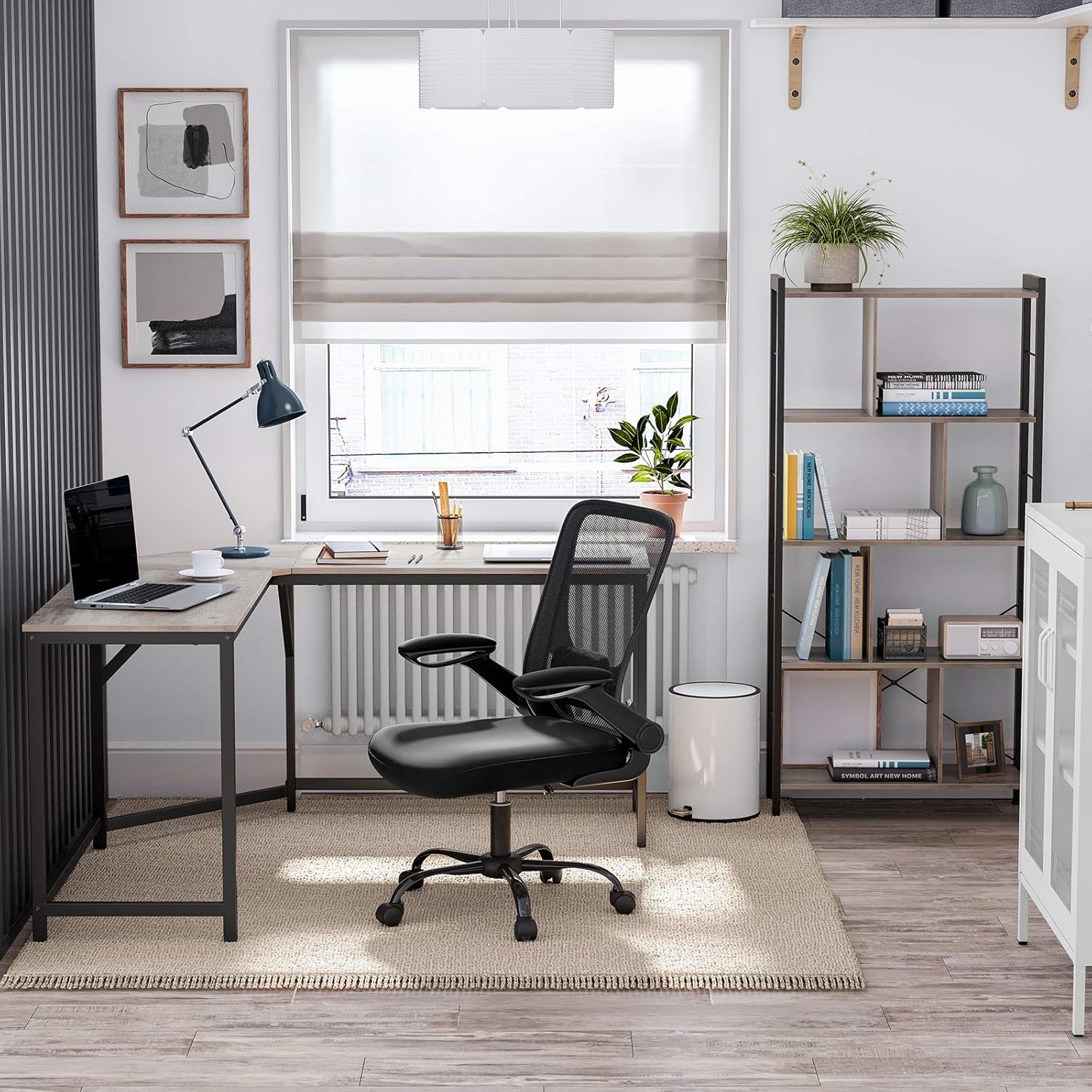 VASAGLE Birou de colt in forma L, cadru metalic, stil industrial, 149x149x76 cm, gri stejar