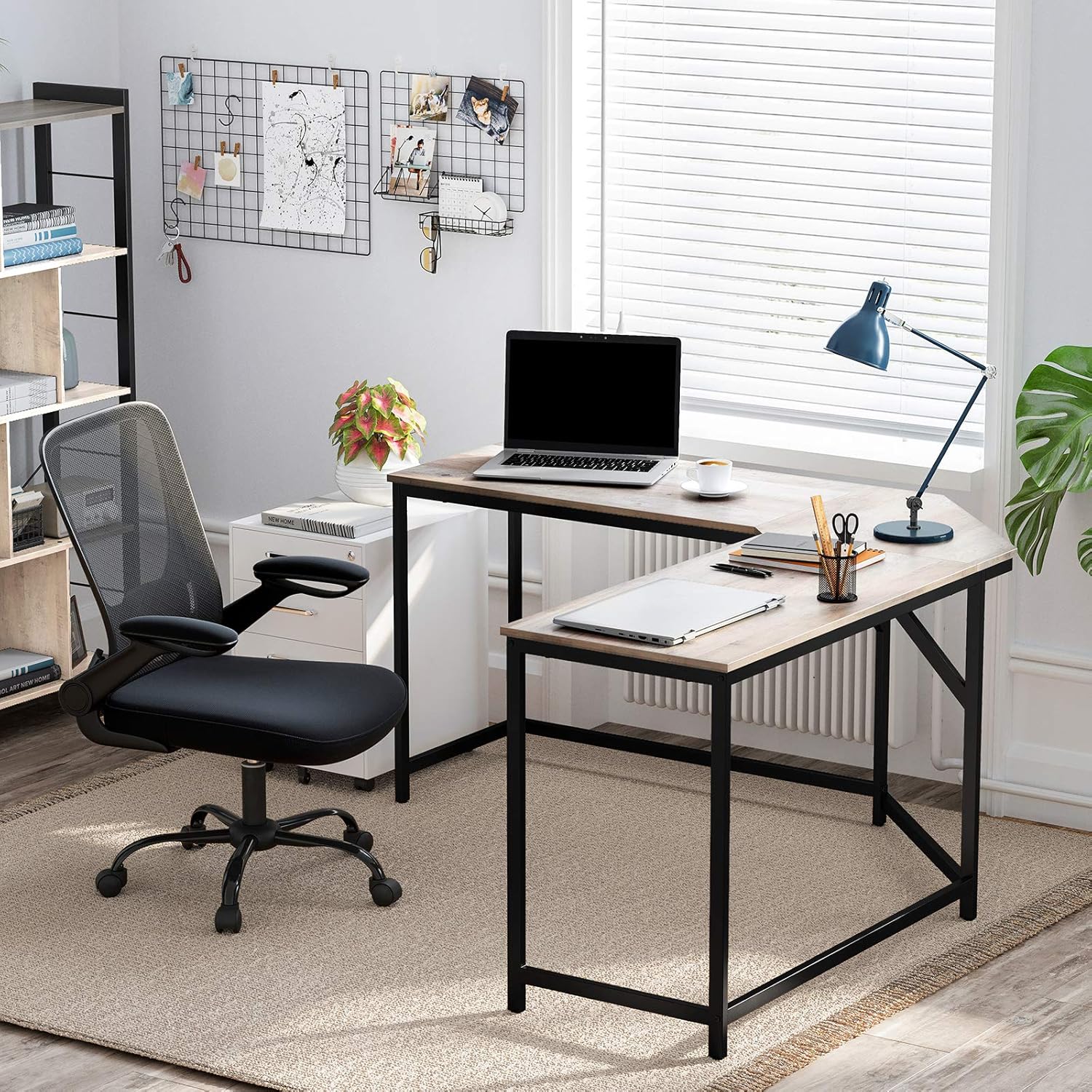 VASAGLE Birou de colt in forma L, cadru metalic, stil industrial, 149x149x76 cm, gri stejar