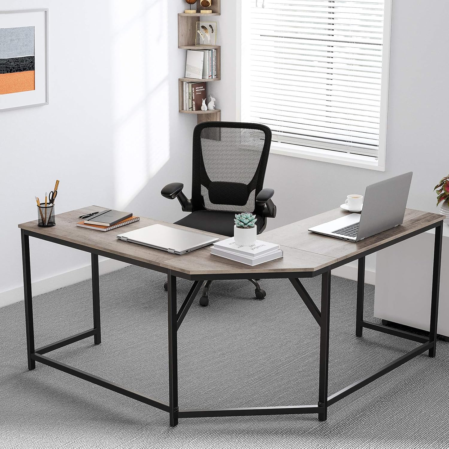 VASAGLE Birou de colt in forma L, cadru metalic, stil industrial, 149x149x76 cm, gri stejar