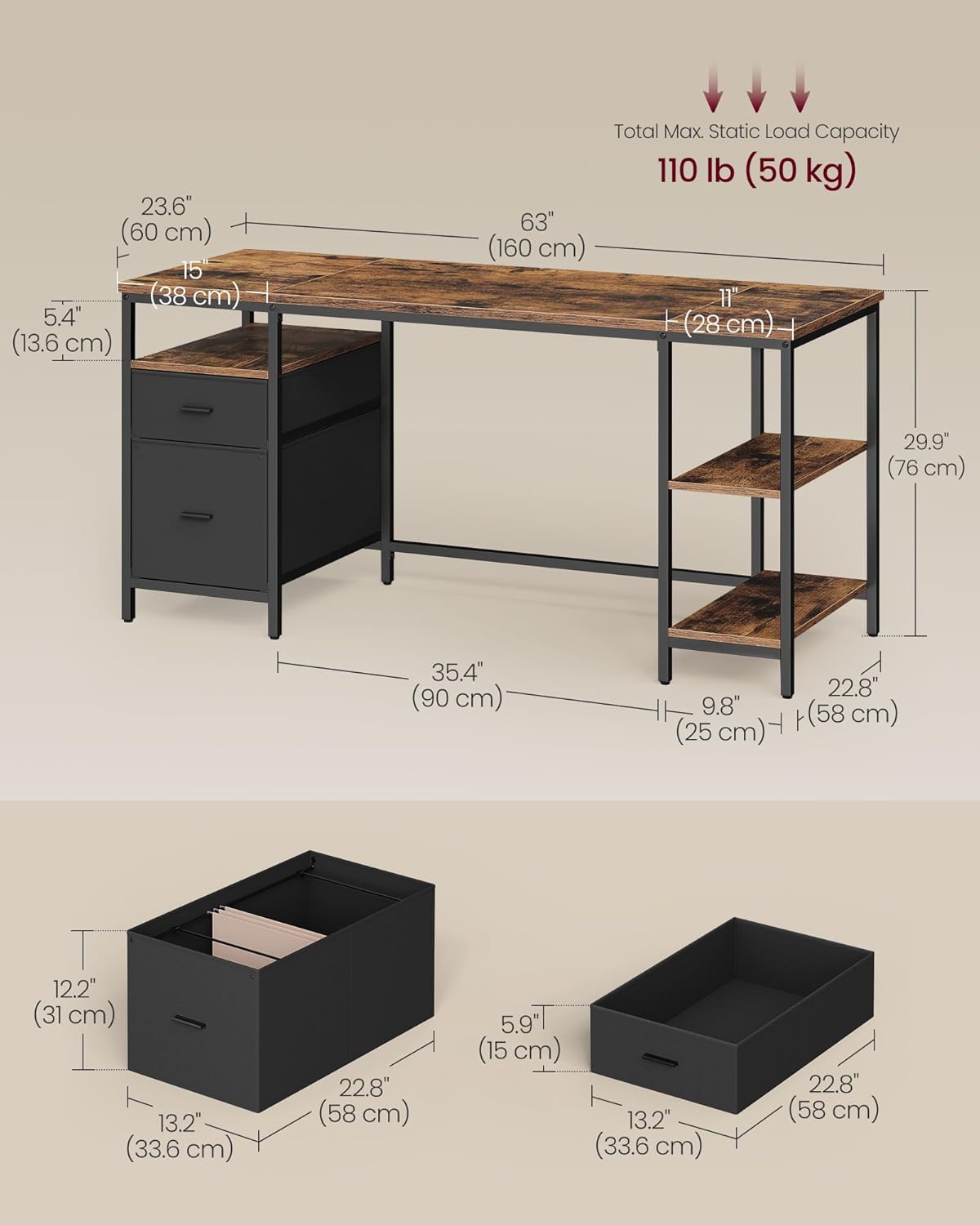 VASAGLE Birou cu 3 rafturi si 2 sertare, cadru metalic si PAL, montaj reversibil, 160x60x76 cm, maro rustic