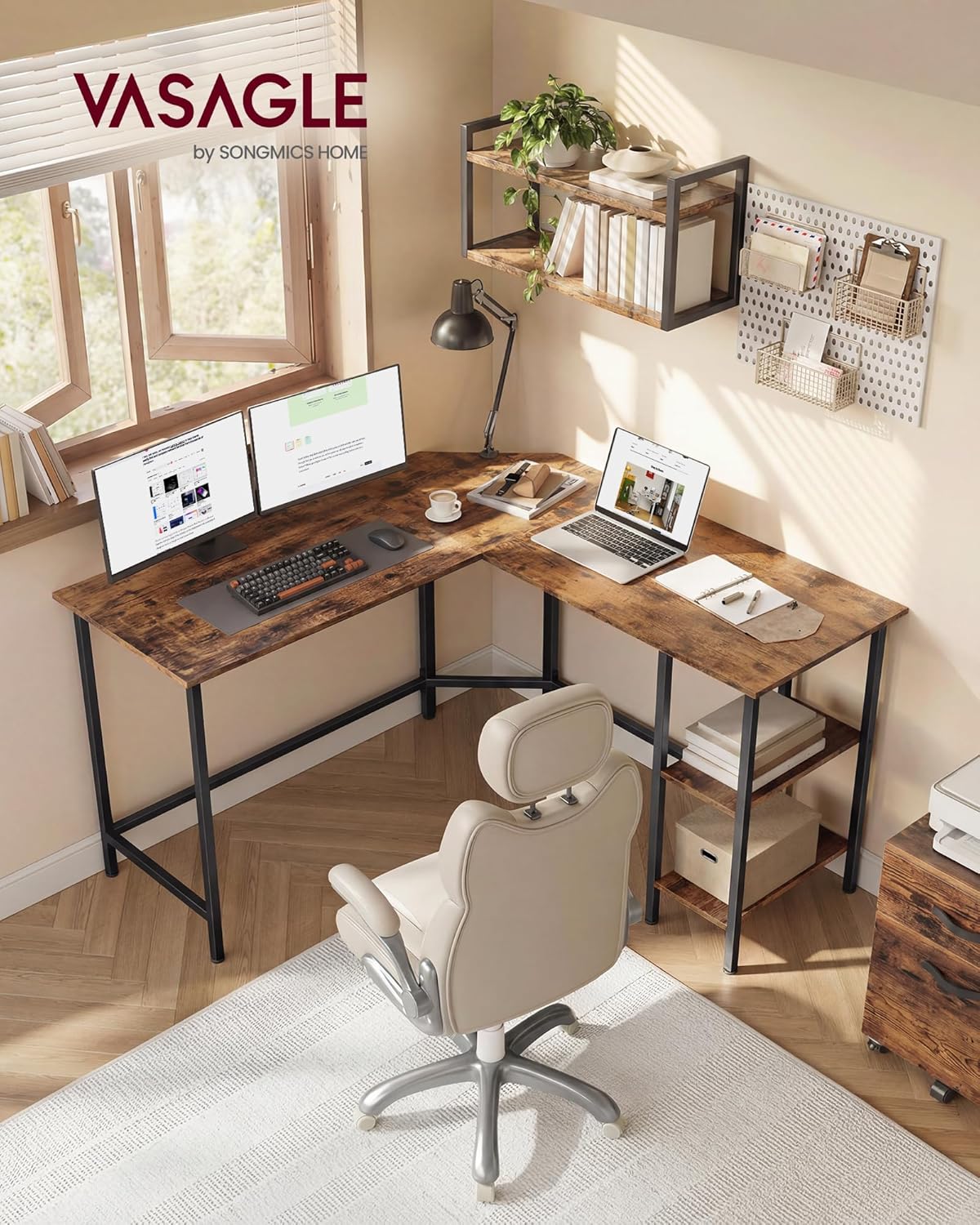 VASAGLE Birou de colt in forma de L, cu 2 rafturi de depozitare, 130x130x76 cm, industrial, maro rustic