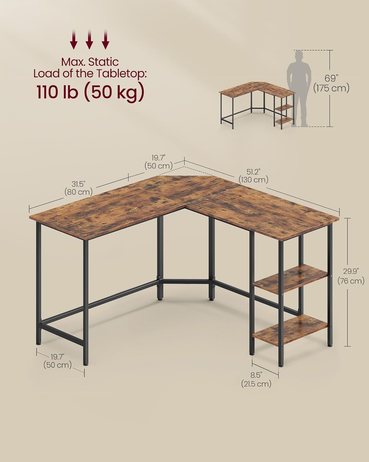 VASAGLE Birou de colt in forma de L, cu 2 rafturi de depozitare, 130x130x76 cm, industrial, maro rustic
