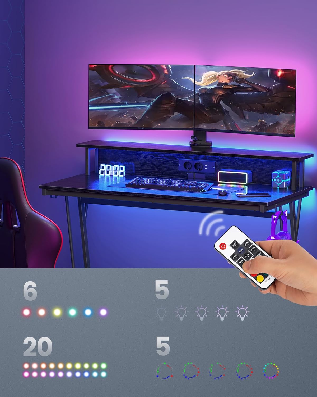 VASAGLE Birou gaming cu iluminare LED reglabila, 2 prize si 2 USB, suport 2 monitoare, 120x60x76 cm, negru