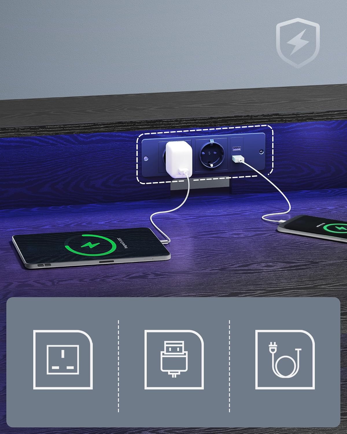 VASAGLE Birou gaming cu iluminare LED reglabila, 2 prize si 2 USB, suport 2 monitoare, 120x60x76 cm, negru