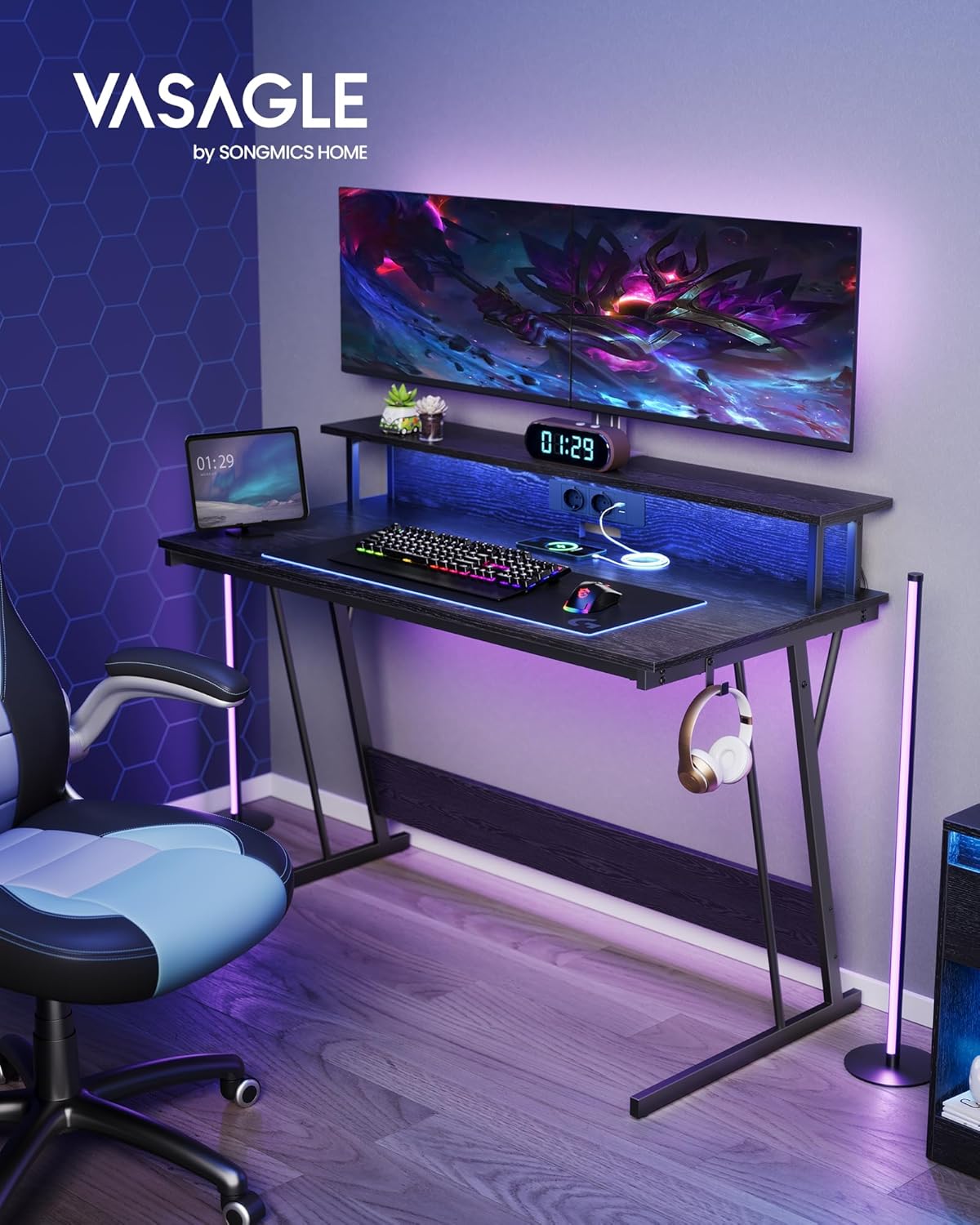 VASAGLE Birou gaming cu iluminare LED reglabila, 2 prize si 2 USB, suport 2 monitoare, 120x60x76 cm, negru