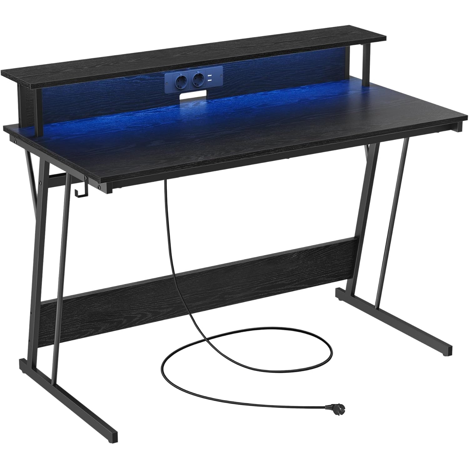 VASAGLE Birou gaming cu iluminare LED reglabila, 2 prize si 2 USB, suport 2 monitoare, 120x60x76 cm, negru