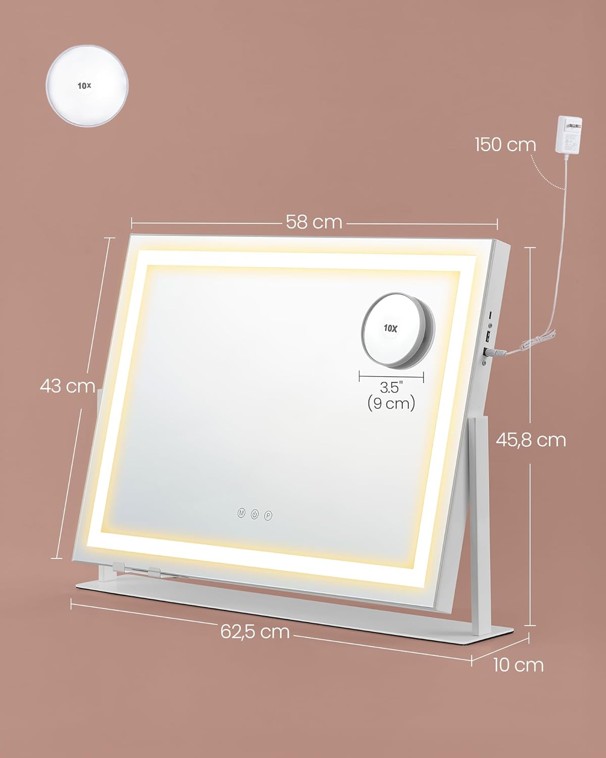 SONGMICS Oglinda machiaj cu iluminare LED, 3 culori lumina, suport telefon, 2 porturi USB, zoom 10x, 58x43 cm, alb