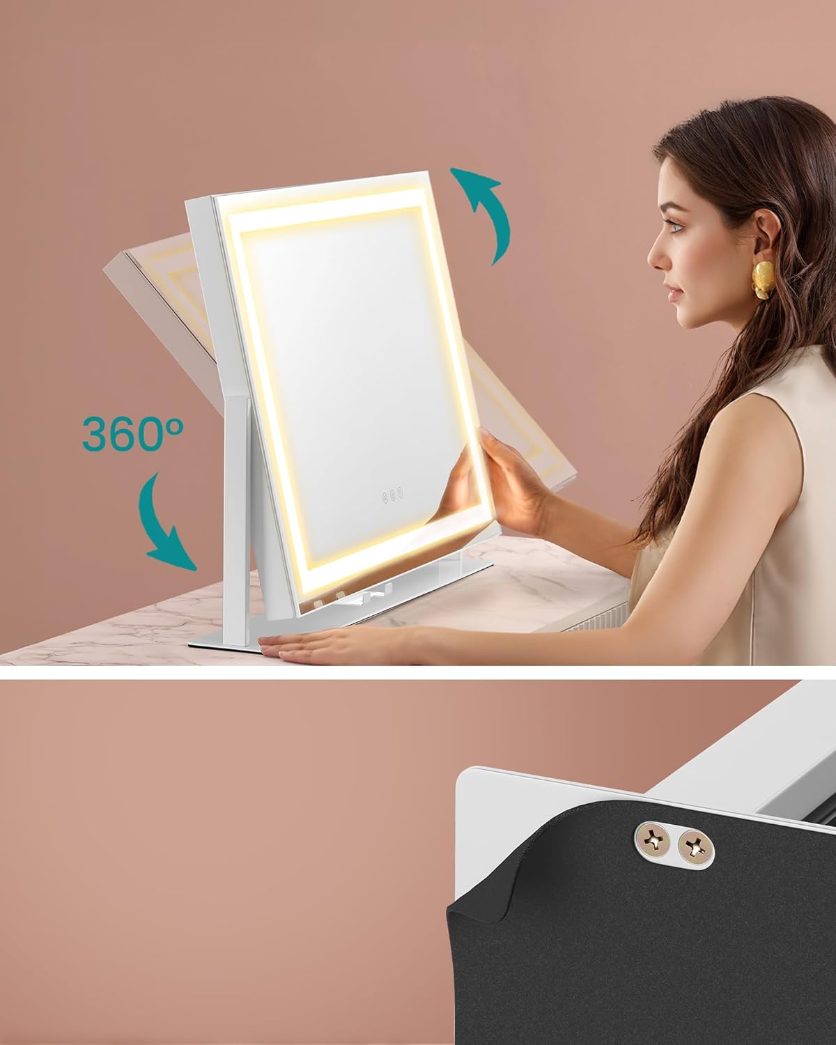 SONGMICS Oglinda machiaj cu iluminare LED, 3 culori lumina, suport telefon, 2 porturi USB, zoom 10x, 58x43 cm, alb