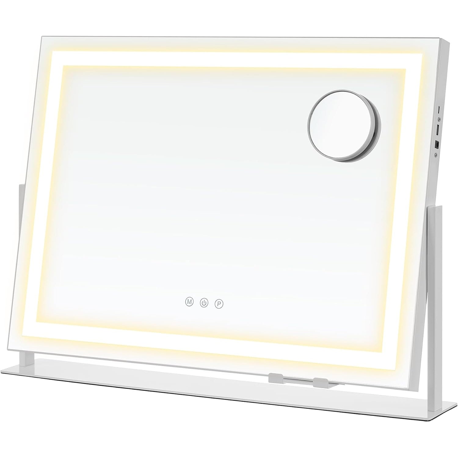 SONGMICS Oglinda machiaj cu iluminare LED, 3 culori lumina, suport telefon, 2 porturi USB, zoom 10x, 58x43 cm, alb