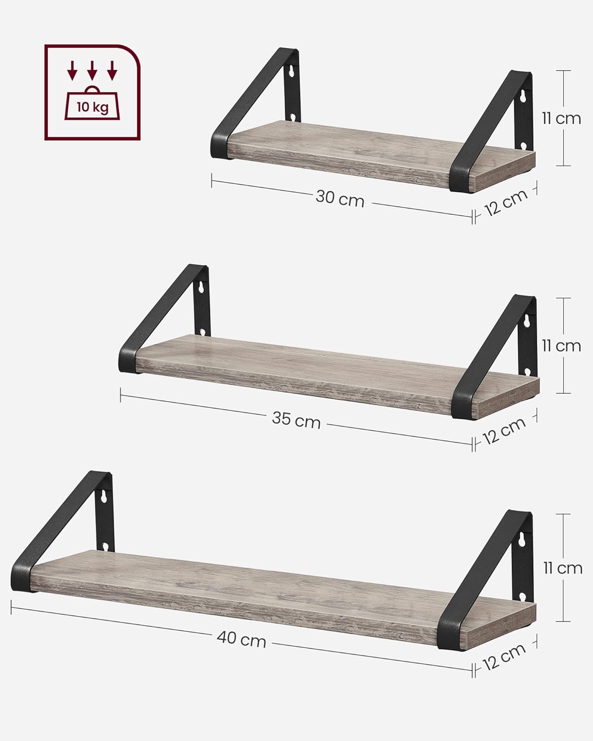 VASAGLE Raft de perete, set 3 bucati 30cm, 35cm si 40cm, 2 moduri de montare, gri si negru