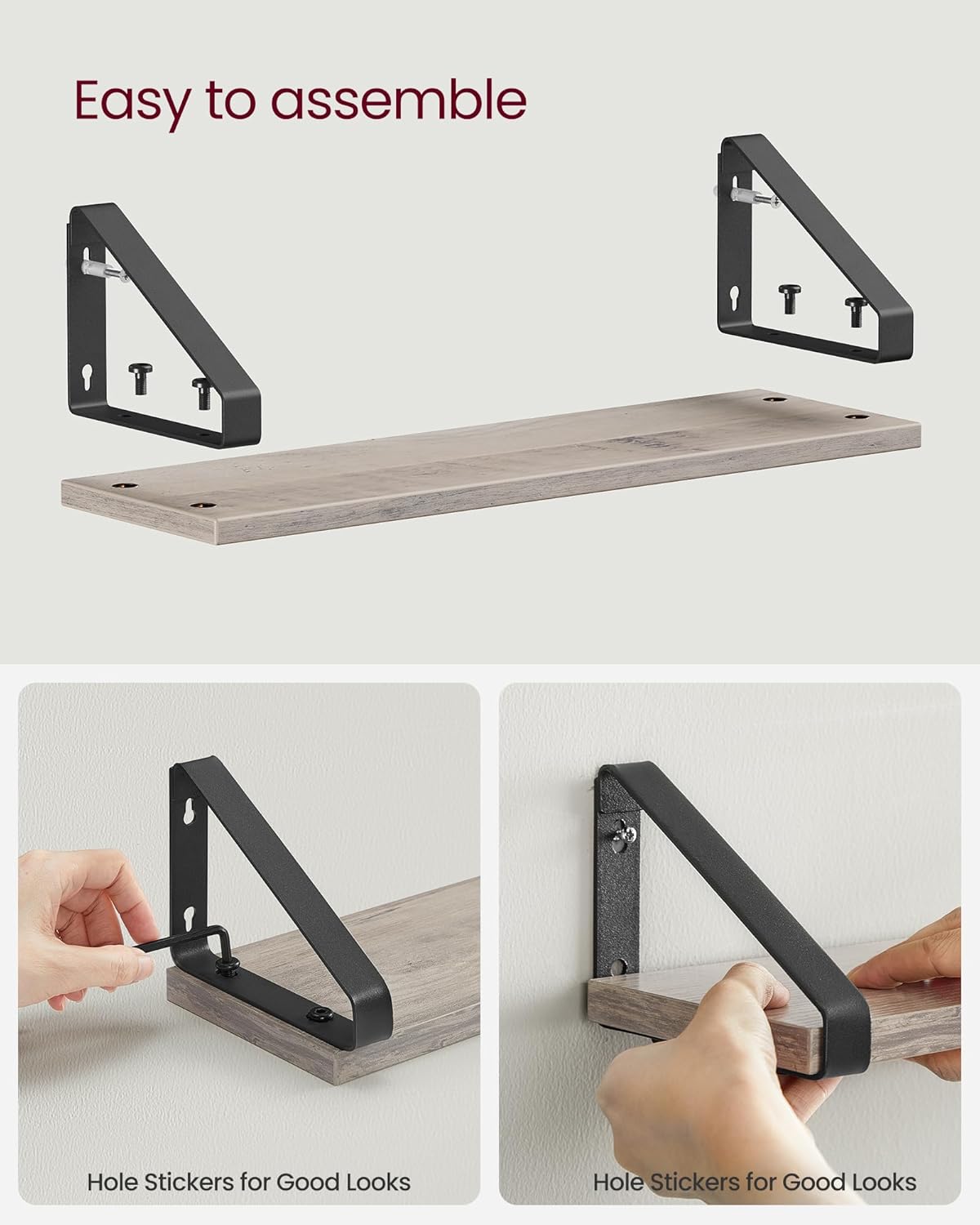 VASAGLE Raft de perete, set 3 bucati 30cm, 35cm si 40cm, 2 moduri de montare, gri si negru